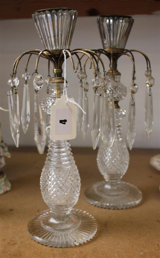 Pair cut glass candlesticks with lustres
